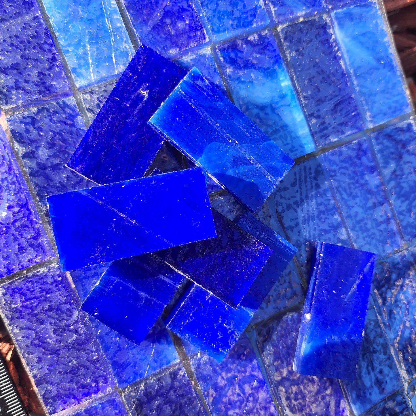MIXED BLUE KARMA Designer Collection High Quality Glass Trend Brand Full Glass for ALL WEATHER Outdoors and Indoors **Full colour glass 2cm x 4cm